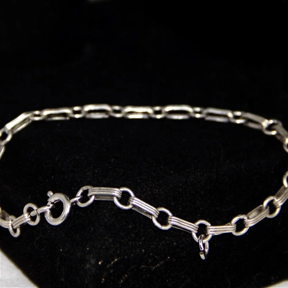 Vintage Sterling Silver 925 Textured Bar and Round Link Chain Bracelet 7.25in